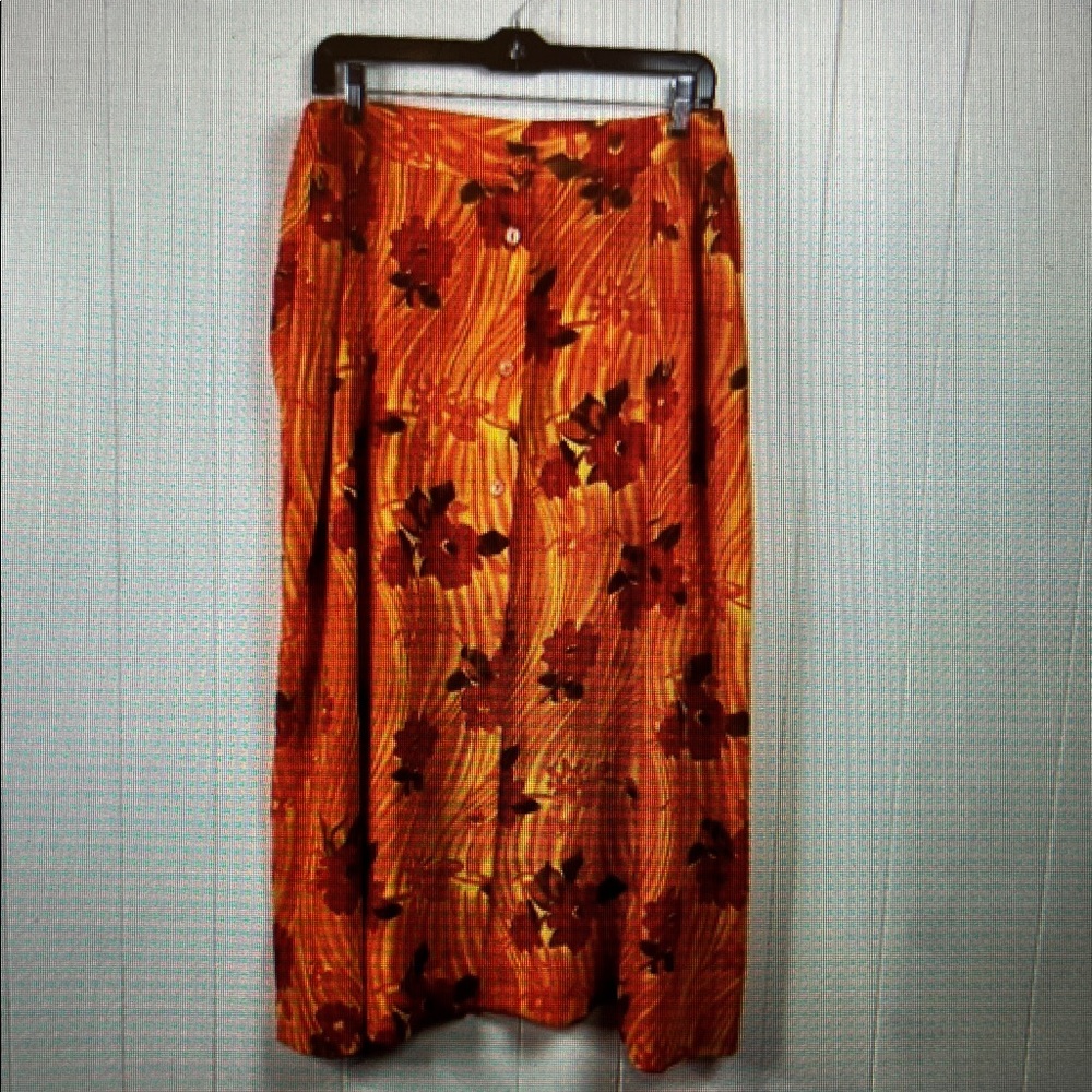 Floral Button-Front Orange Midi Skirt